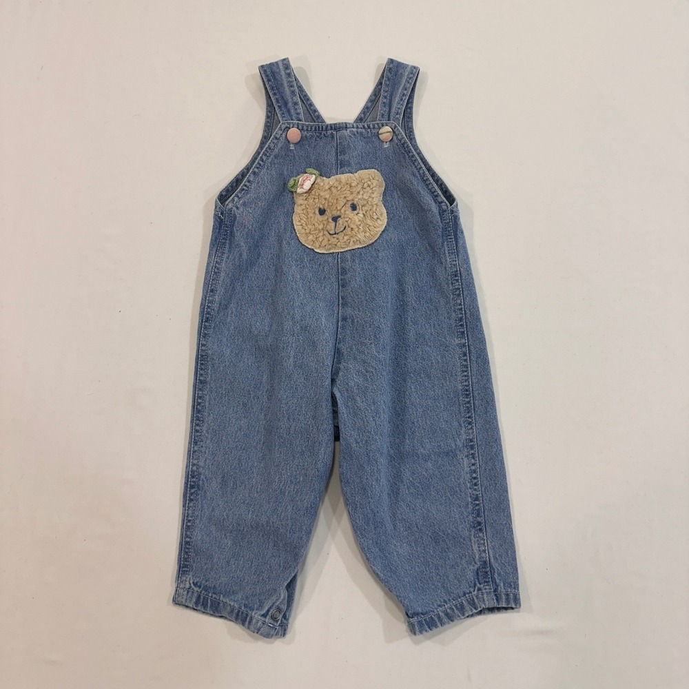 Vintage Denim Overalls Toddlers Size CachCach Bear Patch Wide Leg Cottagecore